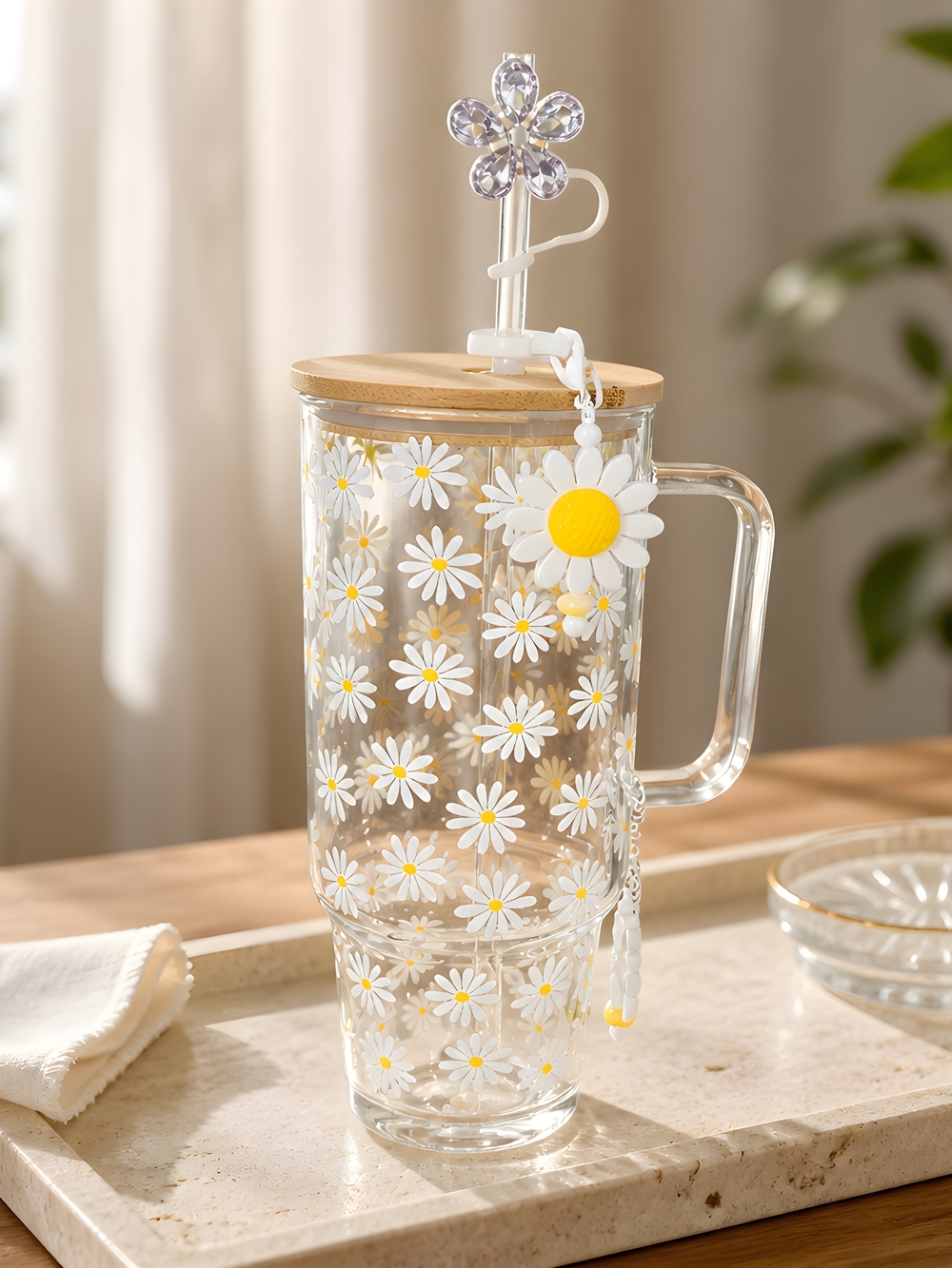 Clear Tumbler with Printed Daisy Pattern, Straw And Hand Charms And Tumbler Boot - Picture 1 of 10